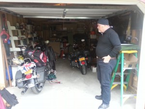 Rain. Joe studies our bikes.