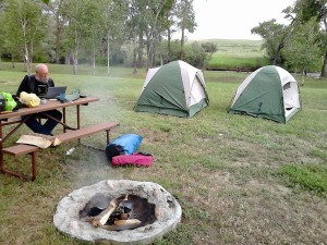 Blogging beside our tents - before that night's thunderous rainstorm